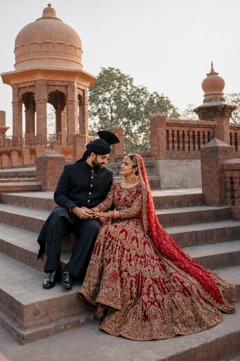 Baraat Portraits Bride and groom seated together at a heritage location