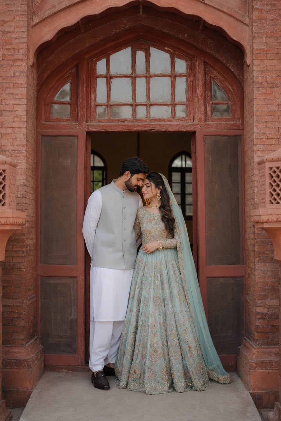 Engagement Story Couple standing together in front of a brick doorway