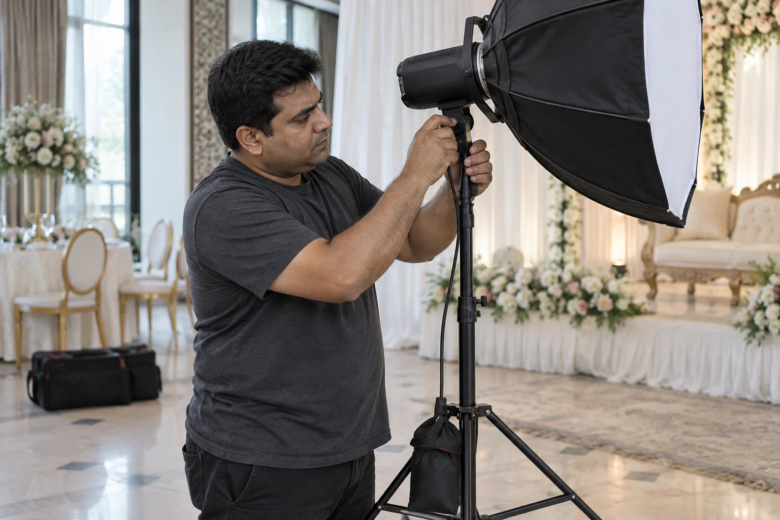 ExposurePro lighting technician preparing a softbox at a wedding venue