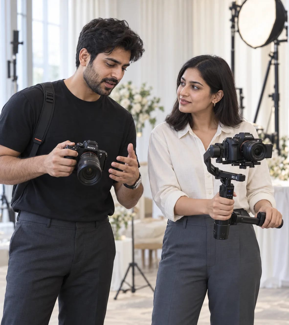 ExposurePro photographers coordinating cameras and a gimbal before a shoot